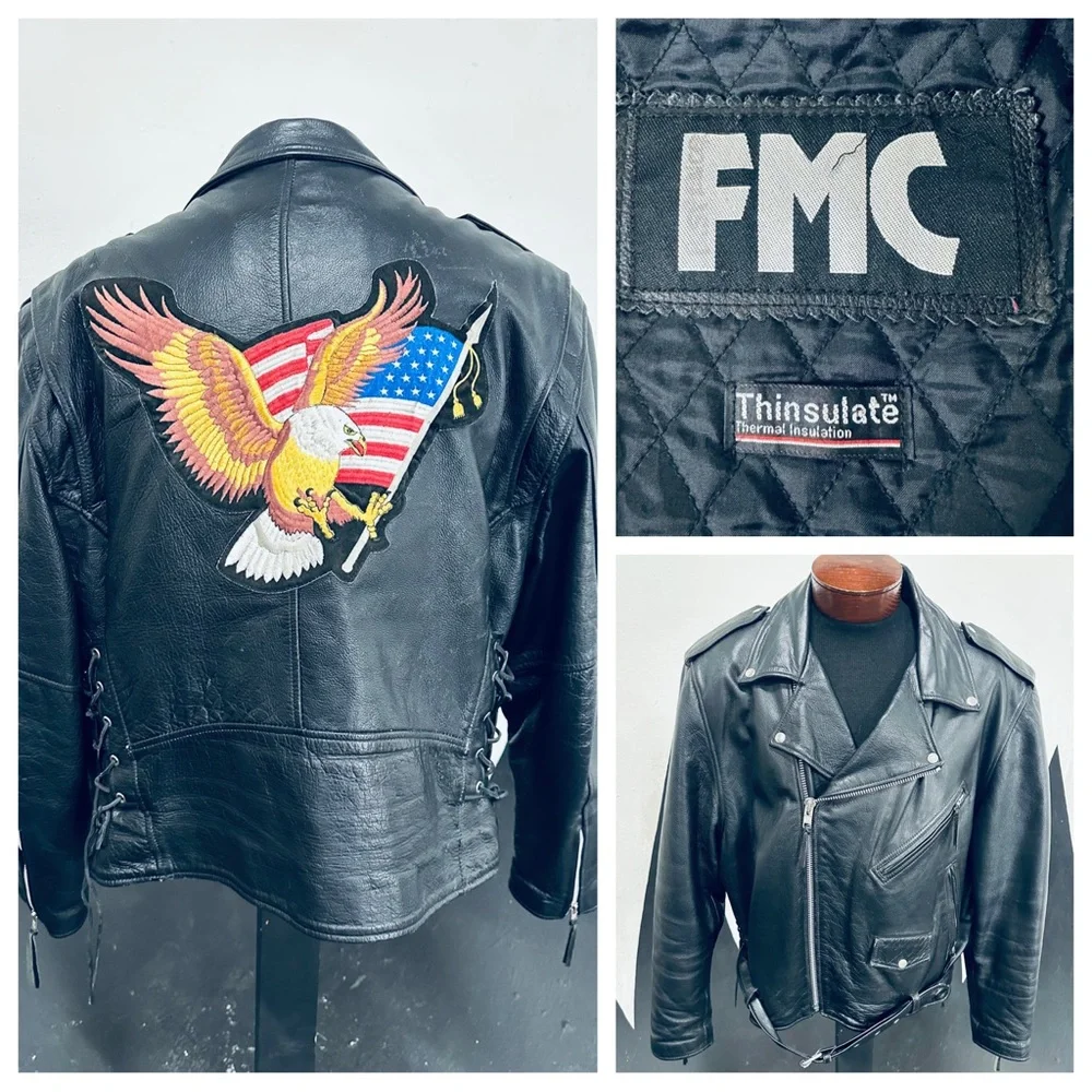 FMC Vintage Classic Black Leather Motorcycle Jacket w/ large Eagle Patcb
